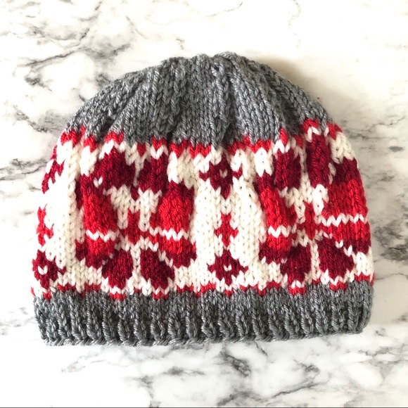 Fair Isle knit beanie in cranberry, red & grey - Picture 2 of 4
